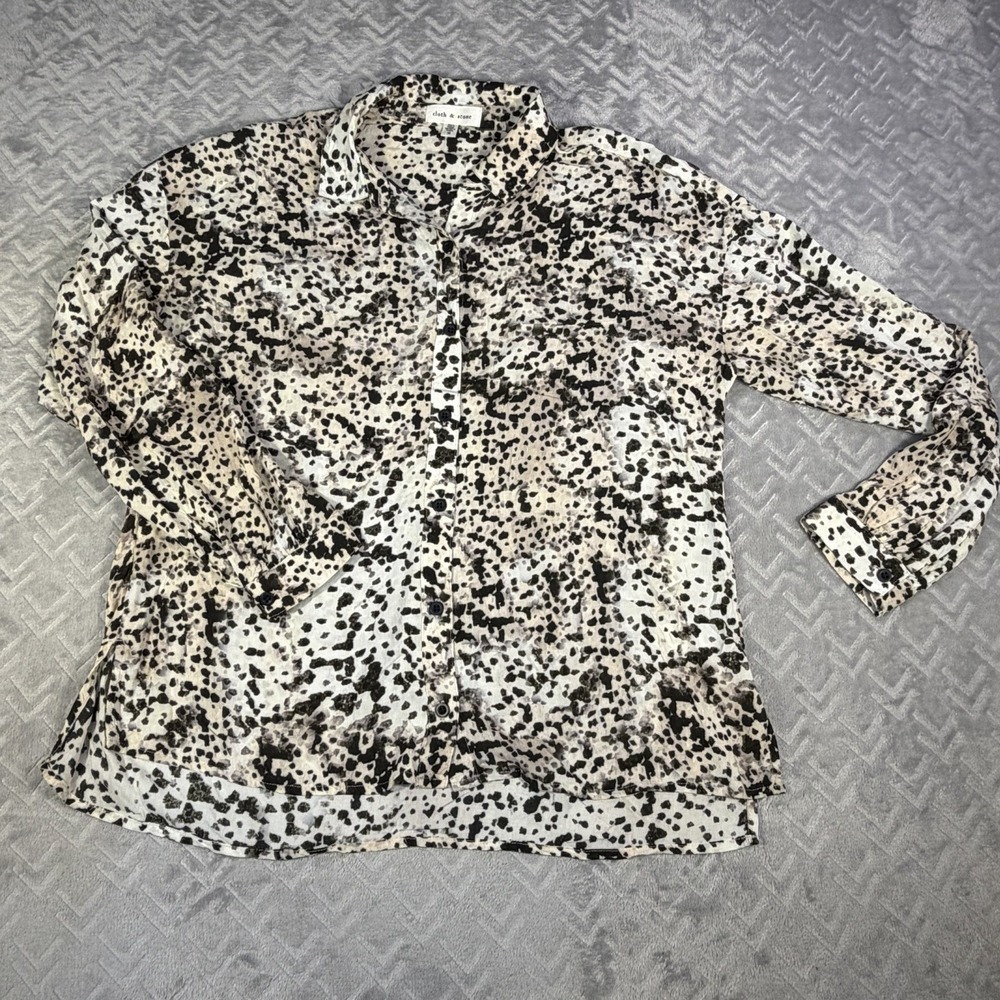 Cloth & Stone Women M Button Down Shirt Blouse Black White Dalmatian Print Dots